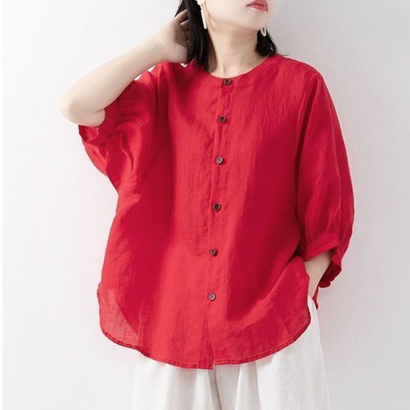 Korean Lifestyle - Camisa de algodão e linho feminina