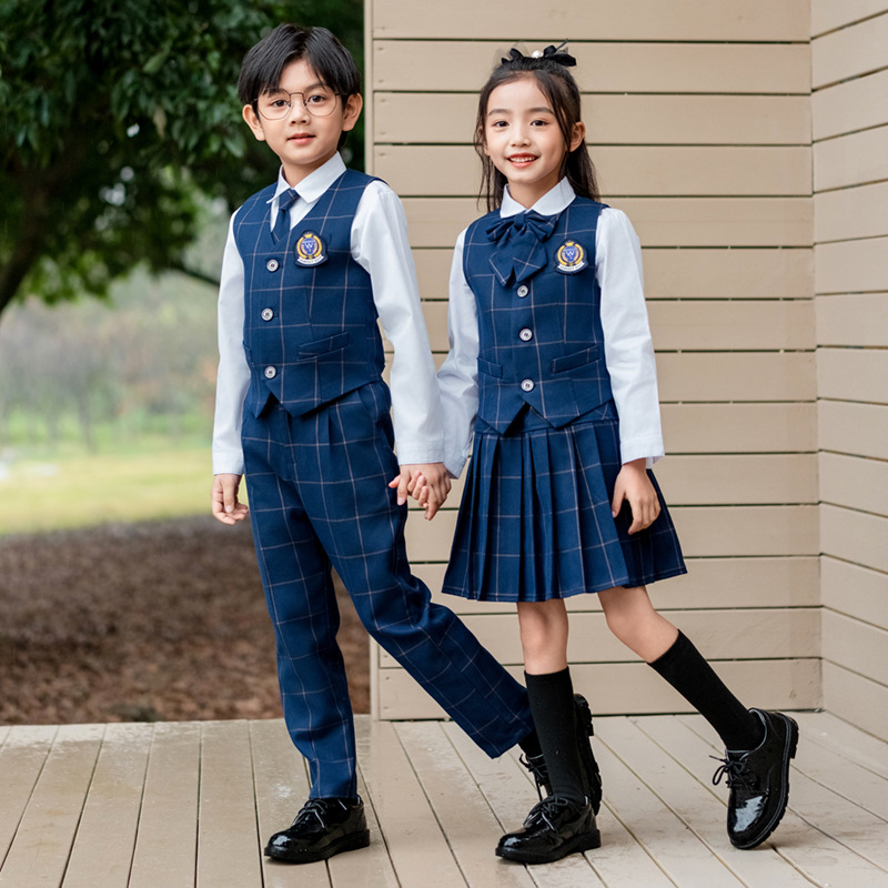 Korean Lifestyle - Crianças britânico xadrez colete camisa terno