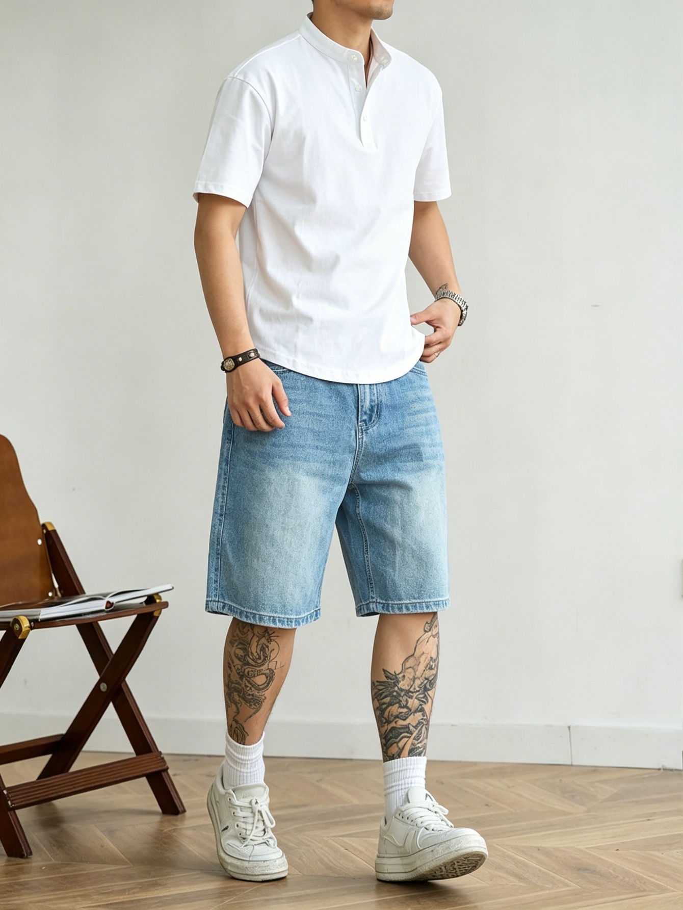 Korean Daily Lifestyle - Jorts de denim azul de corte